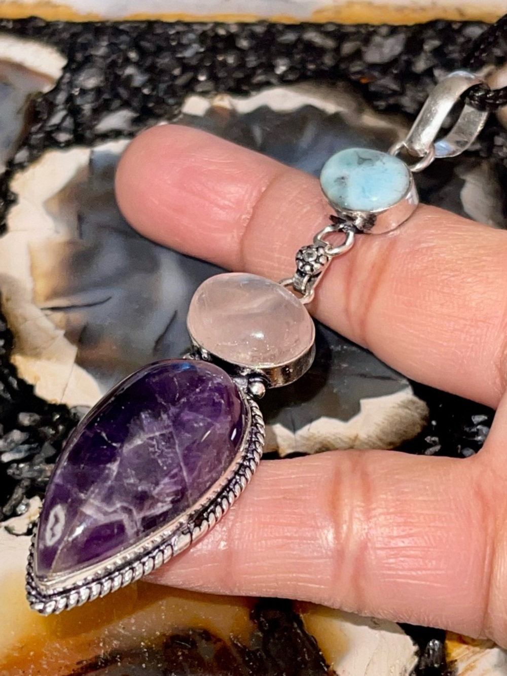 Multi- Healing Crystal: Amethyst, Larimar & Rose Quartz Pendant 3 1/2”